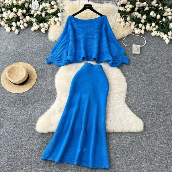 LW0122 Advanced Sense Sweater Smock Coat Loose Bat Sleeve Sweater High-waisted Slim-fit Skirt Women's Two-piece Suit