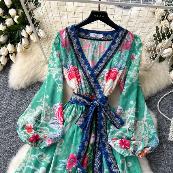 ZT1510 European Women Dress Design Sense V-neck Cross Strap Waist Floral Elegant Printed Dress Chiffon Maxi Dress - Image 2