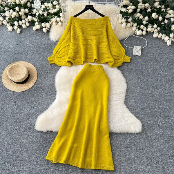 LW0122 Advanced Sense Sweater Smock Coat Loose Bat Sleeve Sweater High-waisted Slim-fit Skirt Women's Two-piece Suit - Image 4