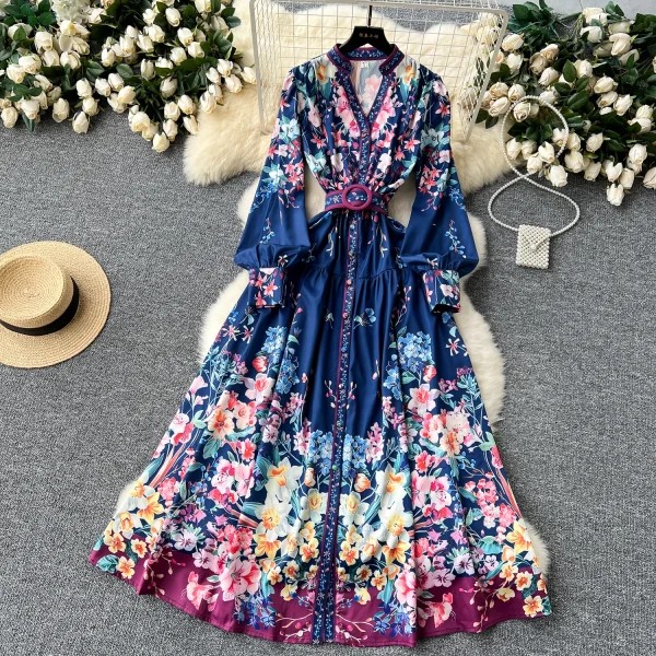 ZT1507 European-style Retro Palace Style Long Sleeve V-neck Waist Breasted Big Swing Dress Celebrity-style Elegant Printed Dress - Image 2