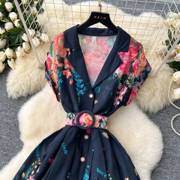 ZT1518 Retro Women's Summer Dress New Style  Temperament Single Breasted Lapel Print Maxi Dress Evening Gown - Image 2