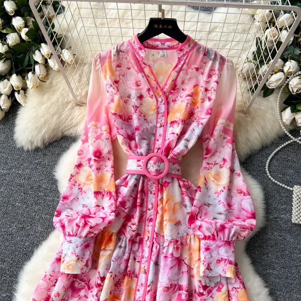ZT1501 European Fashion Print Dress Female Niche Vintage Long Sleeves V-neck Single-breasted Long Swing Holiday Dress - Image 3