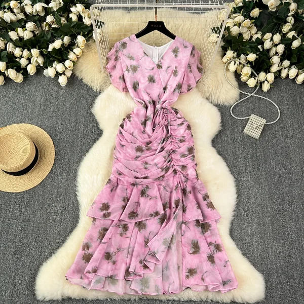 ZT1523 French Vintage Platycodon  Design Sense Floral Print  Ruffled Chiffon Elegant Fashional Fresh Sweet Midi Dresses Women - Image 2