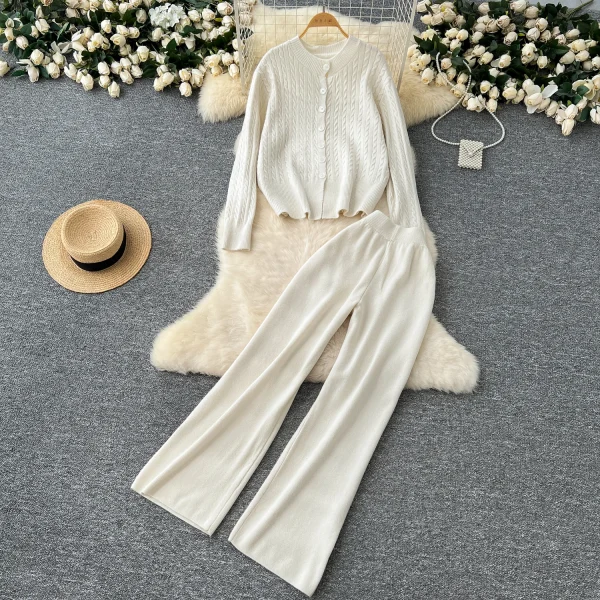 LW0148 Knitwear Two-Piece Women Gentle Wind With Round Neck Twist Sweater Cardigan Coat High Waist Wide Leg Pants - Image 2