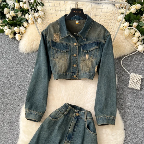 LW0109 Vintage Denim Suit Women'S Fashion Short Jacket Jacket Overalls Ripped Wide-Leg Pants Two-Piece Ladies - Image 4