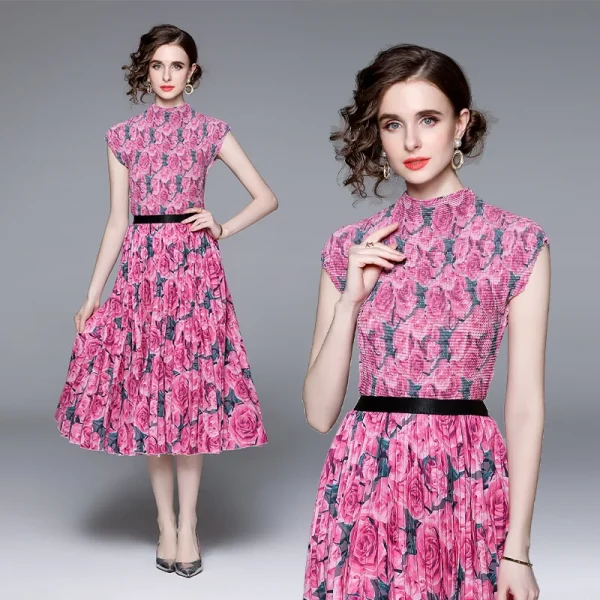 LE1320 High Quality 2025 Women's Print Pleated Short-sleeved T-shirt and Print Long Pleated Skirt Two-piece Set - Image 5