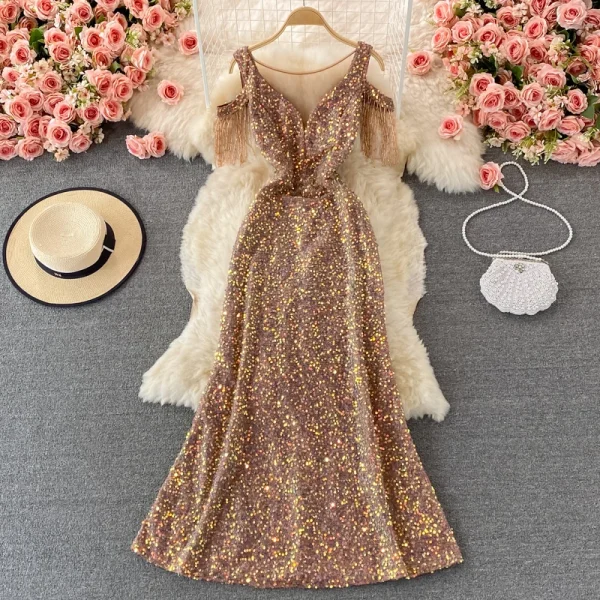 ZT1561 High-end Banquet Temperament Sequins Elegant High-end Host Aura Queen Dress V-neck Long  Fishtail Wrap Hip Evening Gown - Image 2