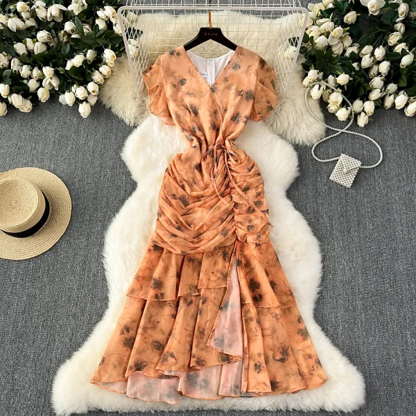 ZT1523 French Vintage Platycodon  Design Sense Floral Print  Ruffled Chiffon Elegant Fashional Fresh Sweet Midi Dresses Women - Image 6
