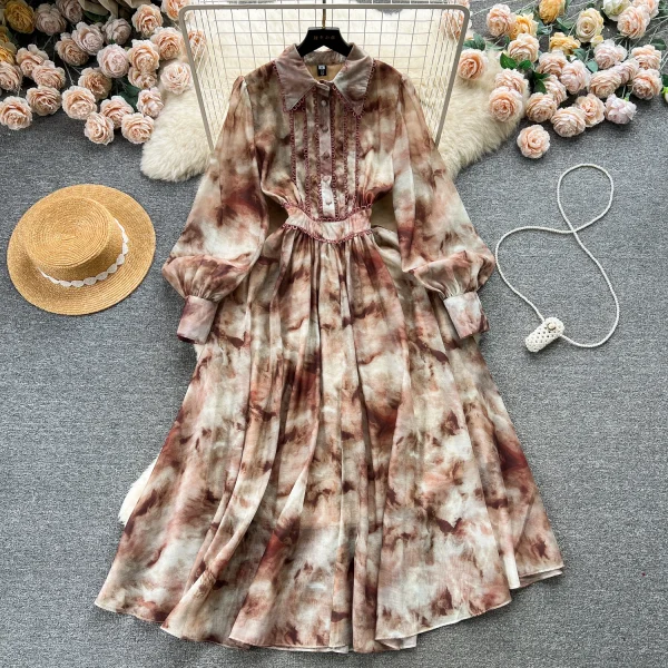 ZT1551 French Vintage Temperament Spring Women's Shirt Collar Design Elegant Floral Printed Sweet Advanced Feeling Maxi Dress