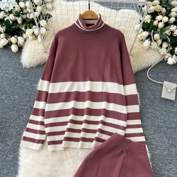 LW0150 Casual Wear With Women'S Turtleneck Matching Striped Knitwear Women'S High-Waisted Pants Sweater Women'S Two-Piece Set - Image 6