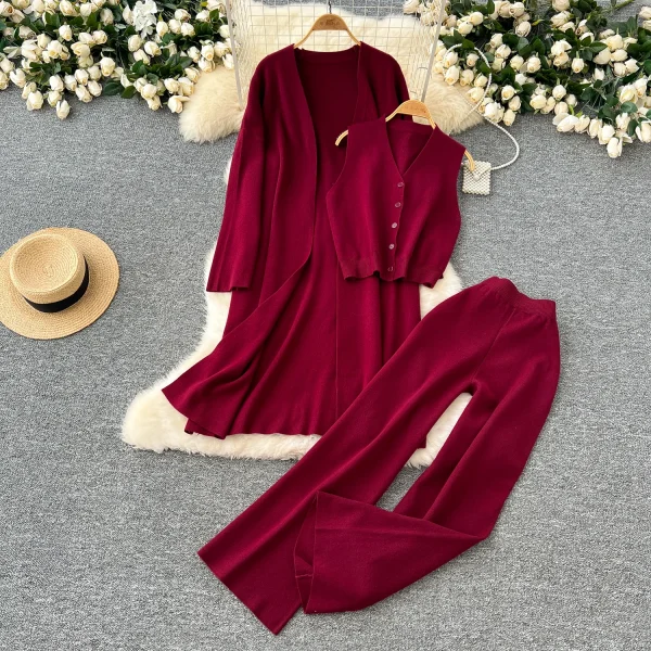 LW0110 Haute Couture Sleeveless V-Neck Vest Loose Mid-Length Knit Coat High-Waisted Trousers Women'S Three-Piece Set - Image 6