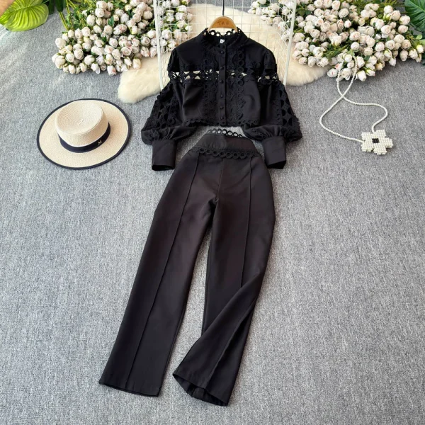 LE4756 Lantern Long-Sleeved Stand-Up Collar Hollowed-Out Lace Top Two-Piece Set of High-Waisted Temperament Nine-Point Trousers - Image 2