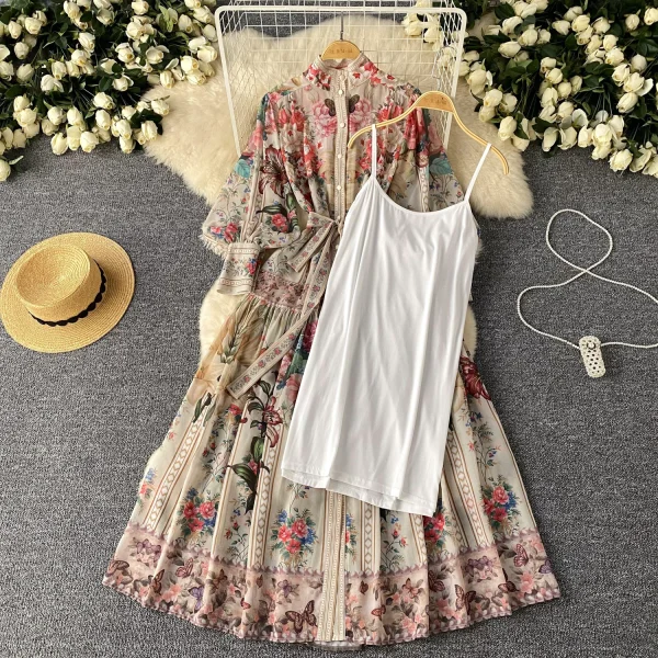 ZT1478 European Vintage Court  Printed Dress Female Lantern Sleeve Waist Strap Single-breasted Temperament Maxi Dress - Image 3