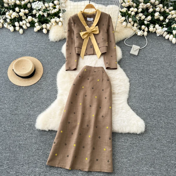 LE4757 Senior Sense Wear Women'S Autumn Two-Piece Set Bow Short Embroidered Coat High Waist Skirt
