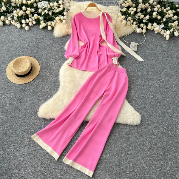 LW0147 Women'S Two-Piece Crew-Neck Tie With Lantern Sleeve Knitted Top High-Waisted Casual Pants Women 2 Piece Winter Suit
