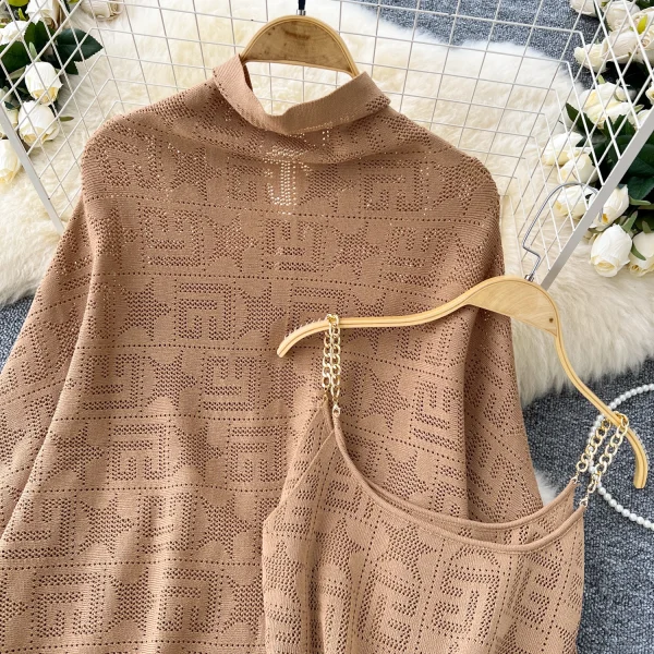 LW0131 Elegant Ladies Two-Piece Set Loose Irregular Knit Cape Knit Smock Coat Chain Strap Dress Two-Piece for Women - Image 6