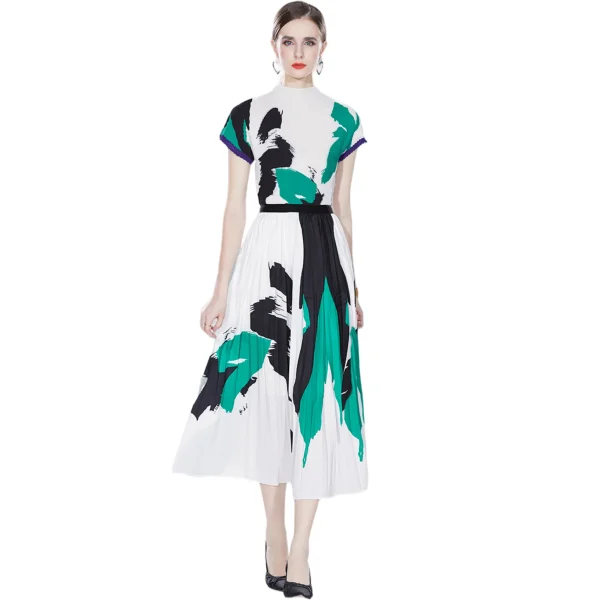 LE1339 High Quality 2025 Pleat Clothing Casual Style Printed Short Sleeve Top and Printed Long Pleated Skirt Two Piece Sets - Image 3