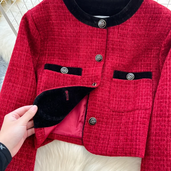 LW0117 High-Grade Metal Buckle Round Neck Short Coat Women'S High Waist Slim-Fit Wrap Hip Skirt Women'S Two-Piece Set - Image 6