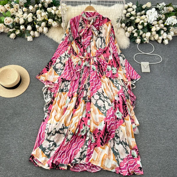 ZT1457 High-End Floral Dress Women Elegant Loose Bat-sleeve Bow Tie Digital Printed Woven Fabric Niche Light Style Sweet Style - Image 2