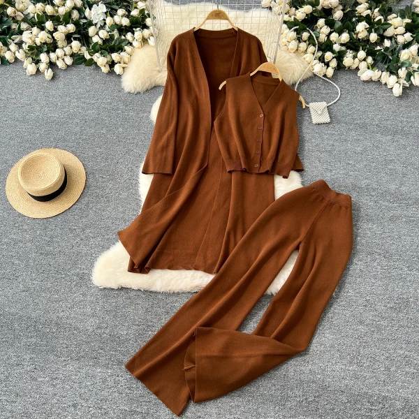 LW0110 Haute Couture Sleeveless V-Neck Vest Loose Mid-Length Knit Coat High-Waisted Trousers Women'S Three-Piece Set