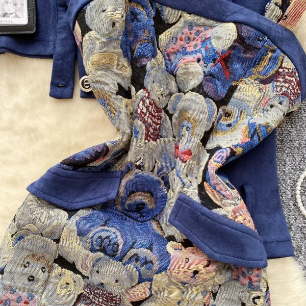 LW0126 Vintage Bear Jacquard Waistband Dress Women'S Short Deerskin Velvet Coat Preppy Two-Piece Suit - Image 6