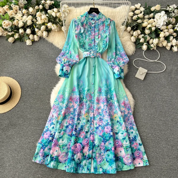 ZT1531 French Retro Romanticfloral Print Elegant Chiffon Dress Female 2025 New Casual Slimming Temperament Elegant Maxi Dress