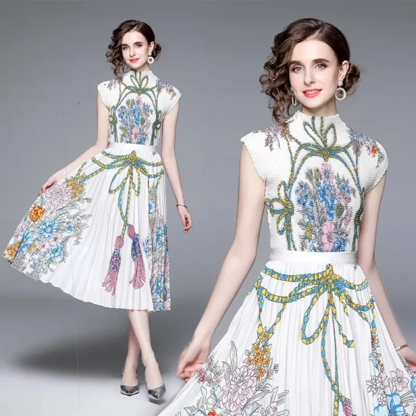 Floral Printing Miyake Pleated Women Suit Slim Print Stand Collar Short Sleeve Top+loose Slim Skirt Casual Party Two Piece Sets - Image 5