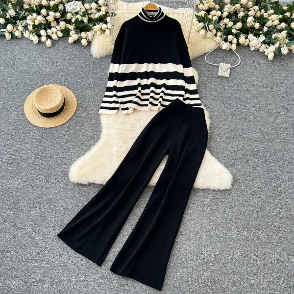 LW0150 Casual Wear With Women'S Turtleneck Matching Striped Knitwear Women'S High-Waisted Pants Sweater Women'S Two-Piece Set - Image 4