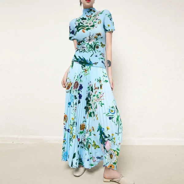 Accept Large Size Loose Casual Style Set Boutique Women'S 2-Piece Floral Print Issey Miyake Short Sleeve Top Pleated Sk - Image 2