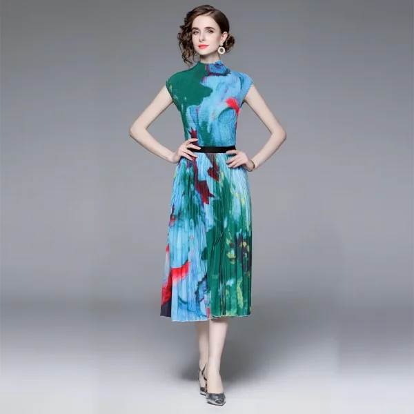 3.2 M Oversized Skirt Hem Elegant Print Miyake Pleated Fashion Set Two-Piece Corn Press Pleated Top Pleated Skirt Set - Image 2
