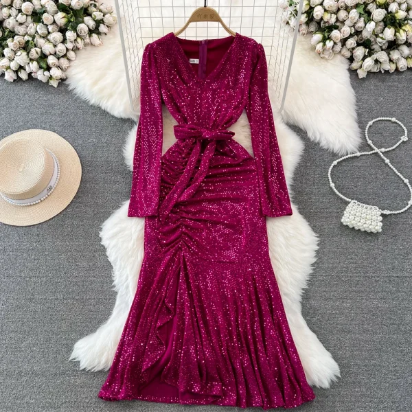 ZT1563  Fashion Long Sleeve V-neck Waist Slimming A-line Wrap Hip Sequin Fishtail Dress Elegant Dress Evening Gown Midi Dress