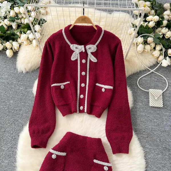 LE4762 2025 Winter Pant Sets Advanced Sense Heavy Industry Nailed Bead Round Neck Long Sleeve Sweater High Waist Slim-Fit Skirt - Image 5
