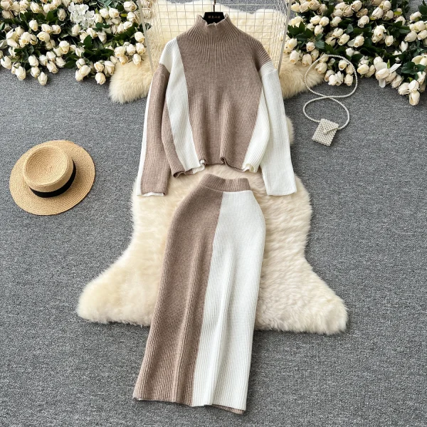 LW0145 Slouchy Sweater Women With Turtleneck Matching Color Sweater Women'S Two-Piece Tight Wrap Hip Skirt - Image 2