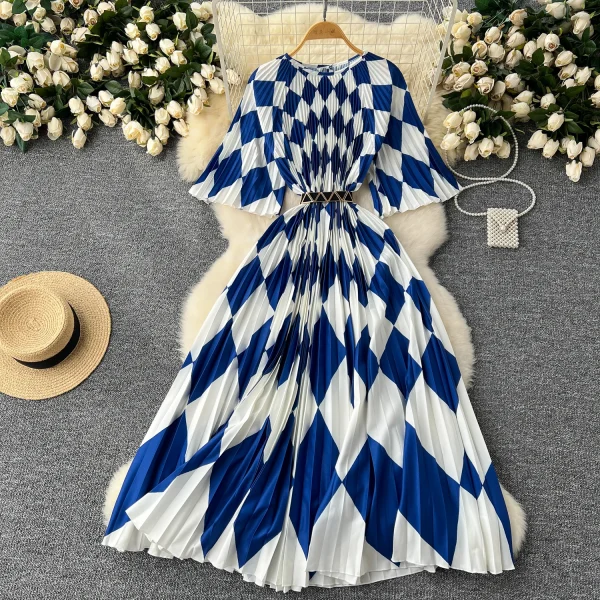 ZT1520 Ladies  Luxury High-end Dress Elegant New Summer Slim Loose Waist Reducing Age Printed Mid-sleeve Pleated Midi Dress - Image 2