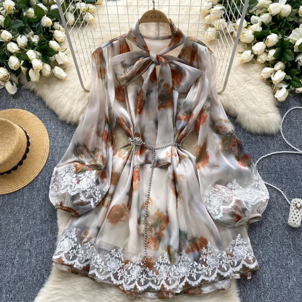 ZT1468 European Elegant Dresses  Niche Luxury Bow Tie Lantern Sleeve Lace Patchwork Bright Chiffon Short Dresses - Image 2