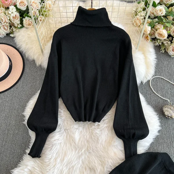 LE4755 Women'S Winter Pant Sets Vintage Turtleneck Loose-Fitting Knit Sweater Two-Piece High Fanny Pack Hip Skirt - Image 4