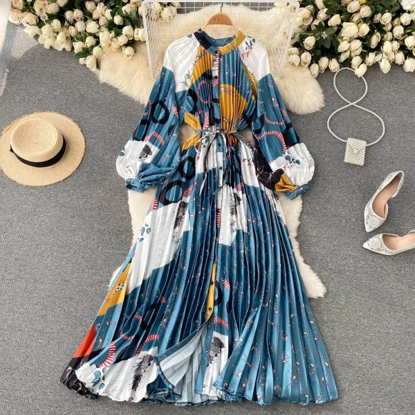 ZT1530 French Vintage Long-sleeved Shirt Dress Elegant Retro Temperament Splice Elegant Printed High-end Holiday Maxi Dress - Image 5