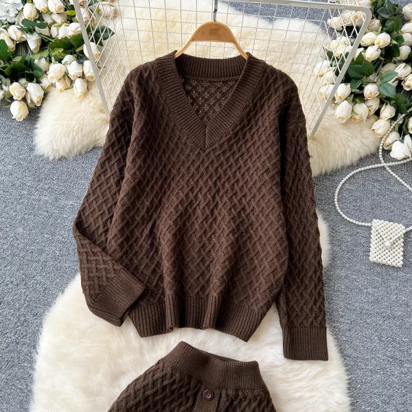 LW0132 Korean Wear With Women'S New Autumn Lazy Loose Set Head V-Neck Knit Top High Waist Slit Skirt Ladies Two Sets - Image 6