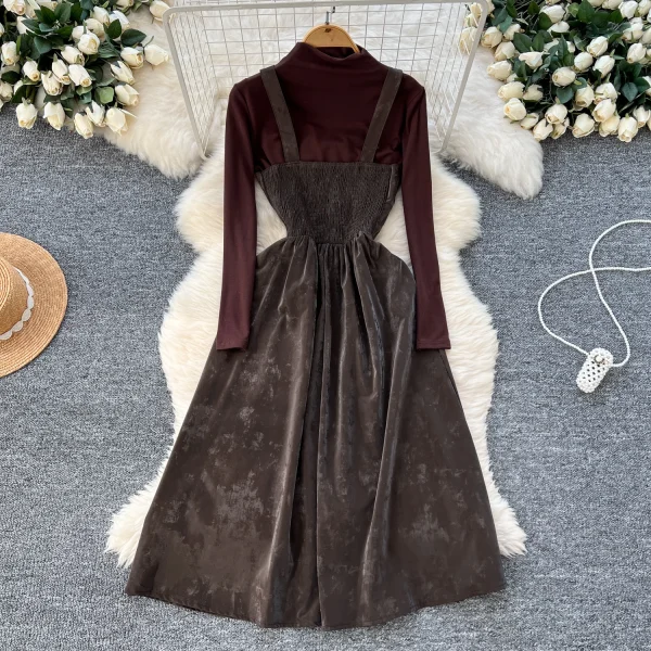 LW0113 French Retro Design Sense Tie up Waist Halter Dress Women'S Two-Piece Set With High Neck T-Shirt Top - Image 3