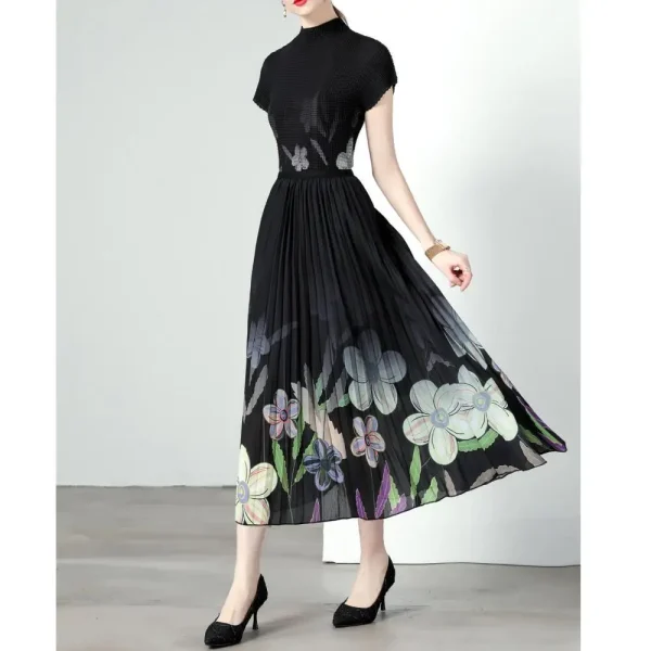 LEYEE Original Design Miyake Pleated Print Ladies Blouse Set Pearl Chiffon Pleated Skirt Two Piece Set - Image 2