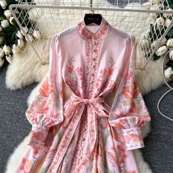 ZT1499 European Loose Waist Binding Flared Sleeve Pendant Floral Printed Elegant Socialite Party Dress Evening Gown - Image 2