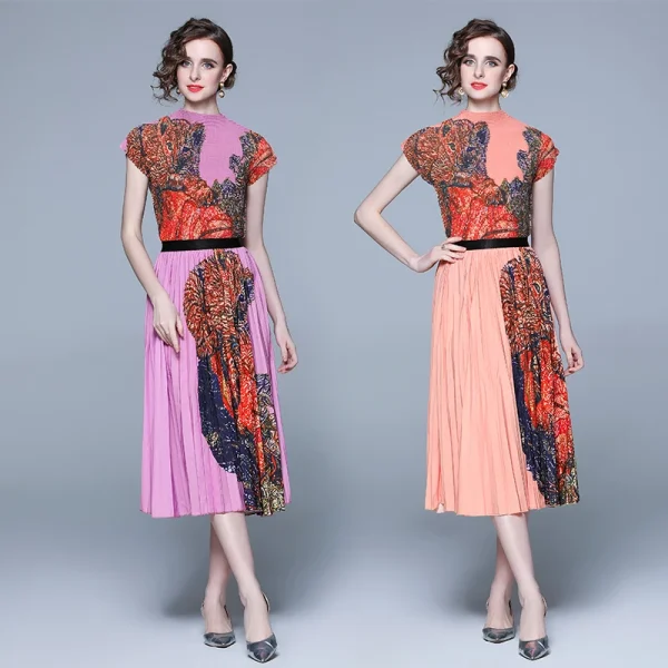 LE1303 Accept Floral Print Miyake Pleated Casual Style Suit Short-sleeved Skirts Boutique Women 2 Piece Sets - Image 3