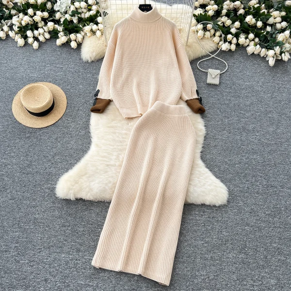 LW0141 Turtleneck Matching Color Pullover Sweater Women'S High Waist Slim Mid-Length Skirt Women'S Sweater Two Sets - Image 4