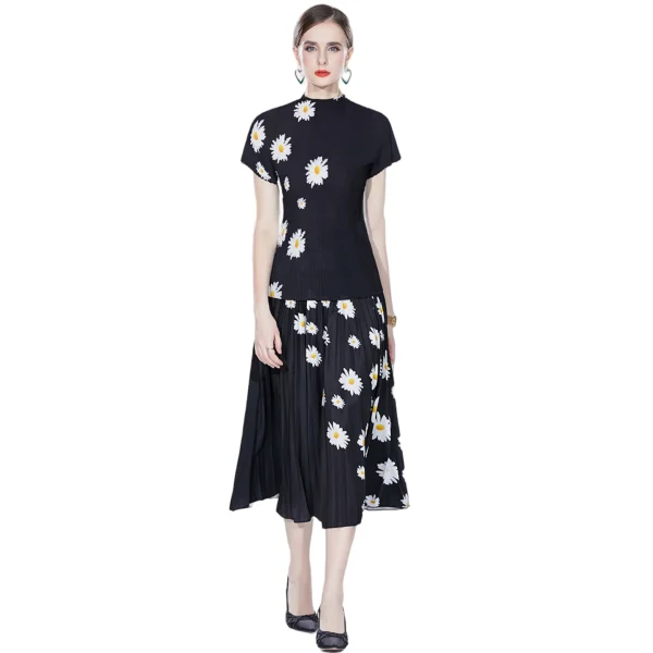 LE1340 High Quality Pleat Printed Clothing Casual Set Printed Short Sleeve Top Printed Long Pleated Skirt Two Piece Sets