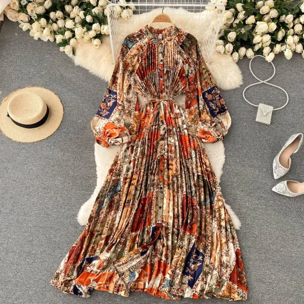 ZT1530 French Vintage Long-sleeved Shirt Dress Elegant Retro Temperament Splice Elegant Printed High-end Holiday Maxi Dress