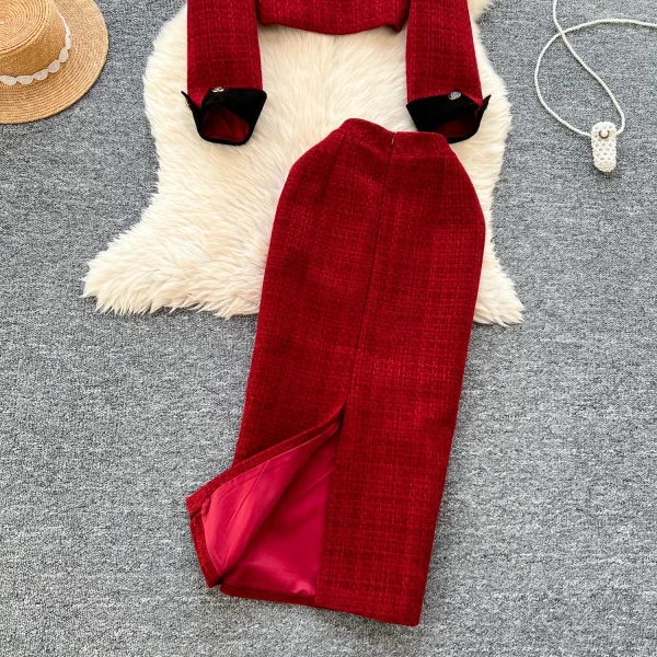 LW0117 High-Grade Metal Buckle Round Neck Short Coat Women'S High Waist Slim-Fit Wrap Hip Skirt Women'S Two-Piece Set - Image 5