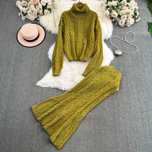 LE4754 Green Turtleneck Twist Sweater Women'S Winter Thick Loose Sweater Stretch Wrap Hip Skirt Two-Piece Set - Image 2
