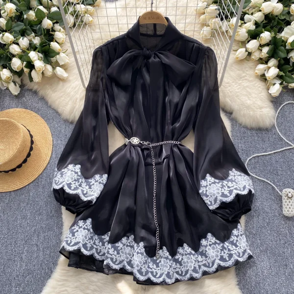 ZT1468 European Elegant Dresses  Niche Luxury Bow Tie Lantern Sleeve Lace Patchwork Bright Chiffon Short Dresses - Image 5