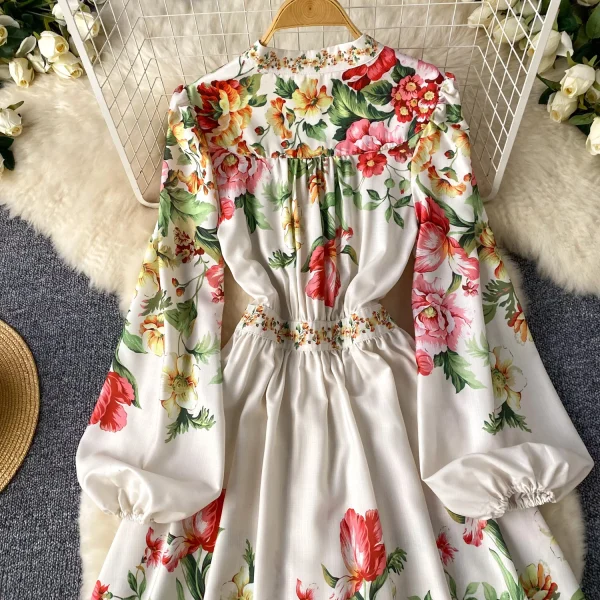 ZT1479 European Printed Dress Female Summer Lantern Sleeve Waist Single-breasted Luxury Unique Temperament Maxi Dress - Image 2