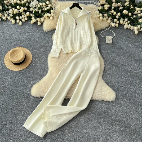 LW0142 Korean Casual Pullover Lapel Zipper Long Sleeve Sweater Women'S High Waist Wide Leg Straight Leg Pants Two-Piece-Set - Image 3